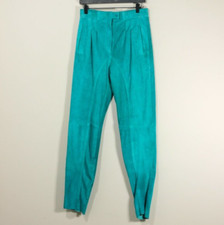 Vintage 1980s Suede Genuine Leather Turquoise Blue Pleated High Waisted Pants 8