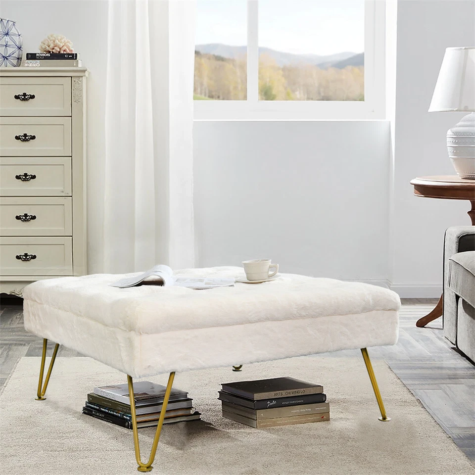 Reposapiés y mesa de centro otomana acolchada de piel sintética de conejo suave de 33" con botones cuadrados Foto 3 de 4