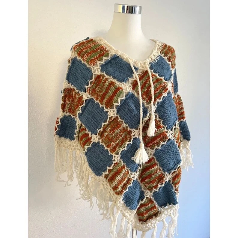 Poncho Wolle bunt Fransen Boho Überwurf Goa Nepal Umhang Hippie Häkelponcho - Bild 3 von 4