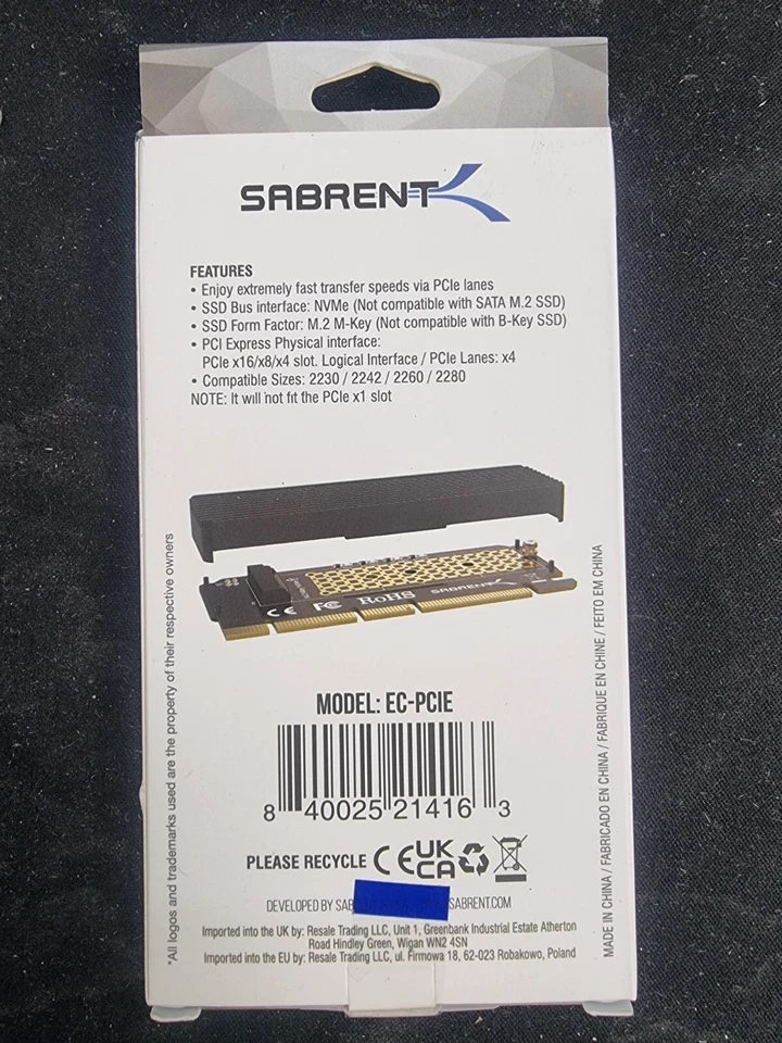 Sabrent NVMe M.2 SSD to PCIe X16/X8/X4 Card with aluminum heat sink (EC-PCIE) - Image 2 of 2