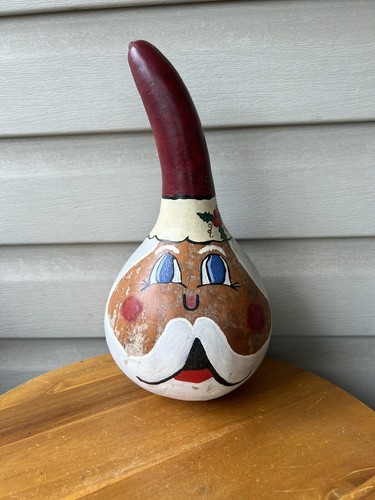 Vintage Santa Christmas Gourd Primitive Hand Painted Folk Art Signed T. F. 12"