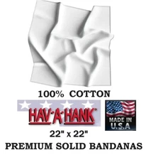 USA MADE Hav-A-Hank WHITE SOLID 22" BANDANA Head Wrap Neck Face Mask Scarf Hanky