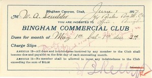 Bingham Commercial Club, Bingham Canyon, Utah, 1917 Receipt, Becker Brewing