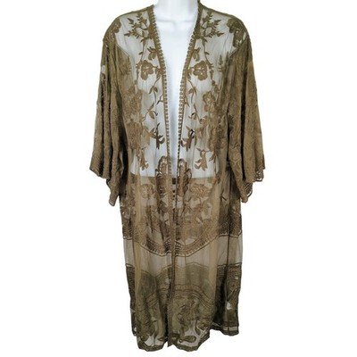 She + Sky Army Olive Green Floral Embroidered Mesh Kimono Cardigan S/M fairy