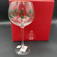 Lenox Christmas Wine Glasses Holiday Balloon Set of 4 Holly Berry Design 16oz