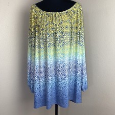 Ruby Rd. Blouse Women's 3X Blue  Yellow 3/4 Sleeve Geometric Tie Dye Boho Ombre
