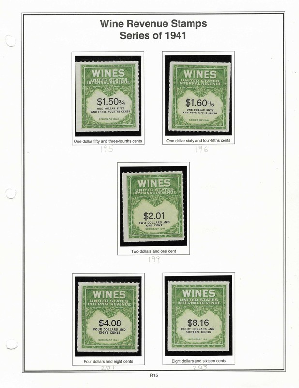 Lot of 5, 1941 Wine Revenue Tax Stamps MNGAI 