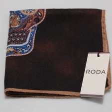 Roda NWT Wool / Silk Blend Pocket Square In Brown with Multicolor Skull
