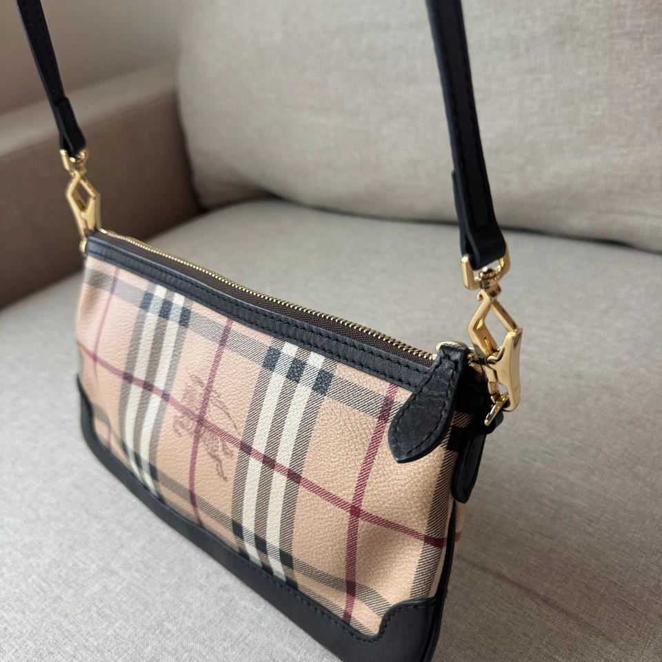 Burberry Haymarket Check Brown Leather Small Peyton Crossbody Clutch Bag Nova - Image 3 of 4