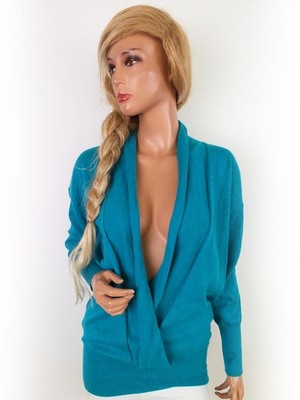 MEXX Damen Wickelpullover Gr. S Blau Leichter Strick Langer Ärmel Einfarbig