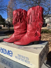 AWESOME VTG Red Fringe Acme Dingo Pull-on Ladies US Mixed Mater 8 Cowboy Boots!