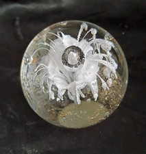 Art Glass Paperweight Clear Orb White Flower Gold Flecks 3" Ball Globe