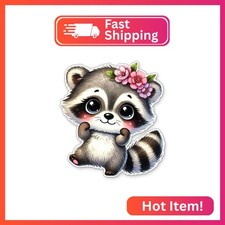 Cute Raccoon with Flowers Sticker - Cartoon Raccoon Decal - 8 in