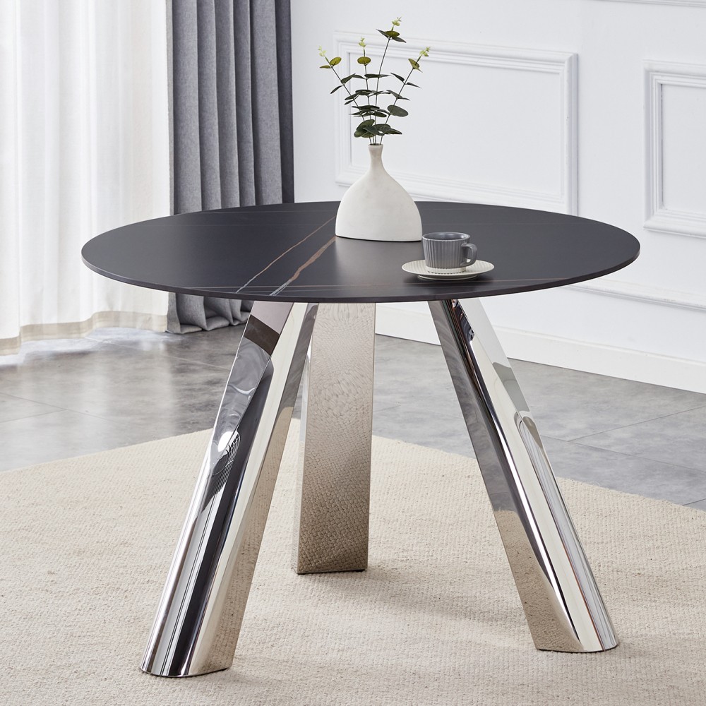 Stone-burnt round table with stainless steel legs Seats 4 to 6 diners
