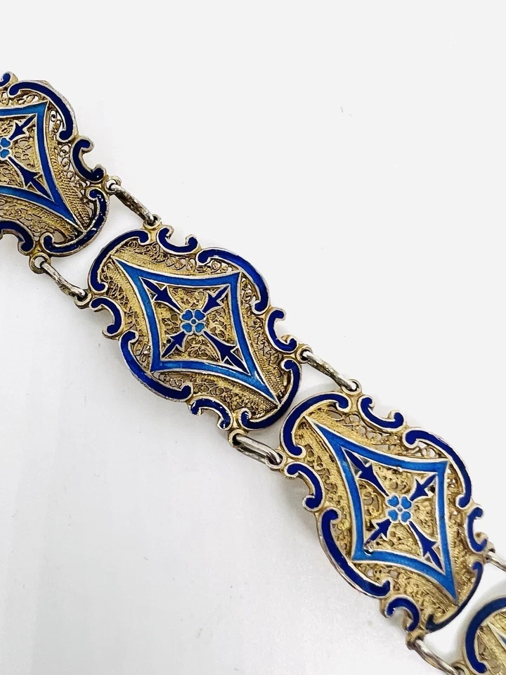 Chinese Export Sterling Silver Blue Enamel Filigree Bracelet 19g Vintage Jewelry - Image 4 of 4