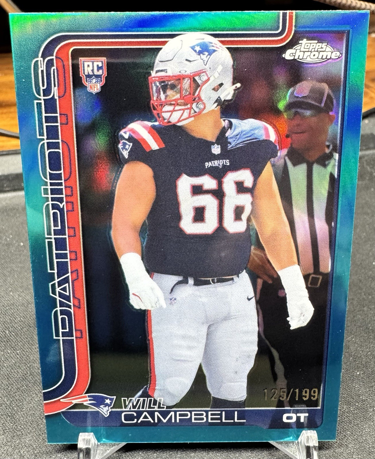Will Campbell RC 2025 Topps Chrome Rookie Aqua Refractor /199 Patriots #379