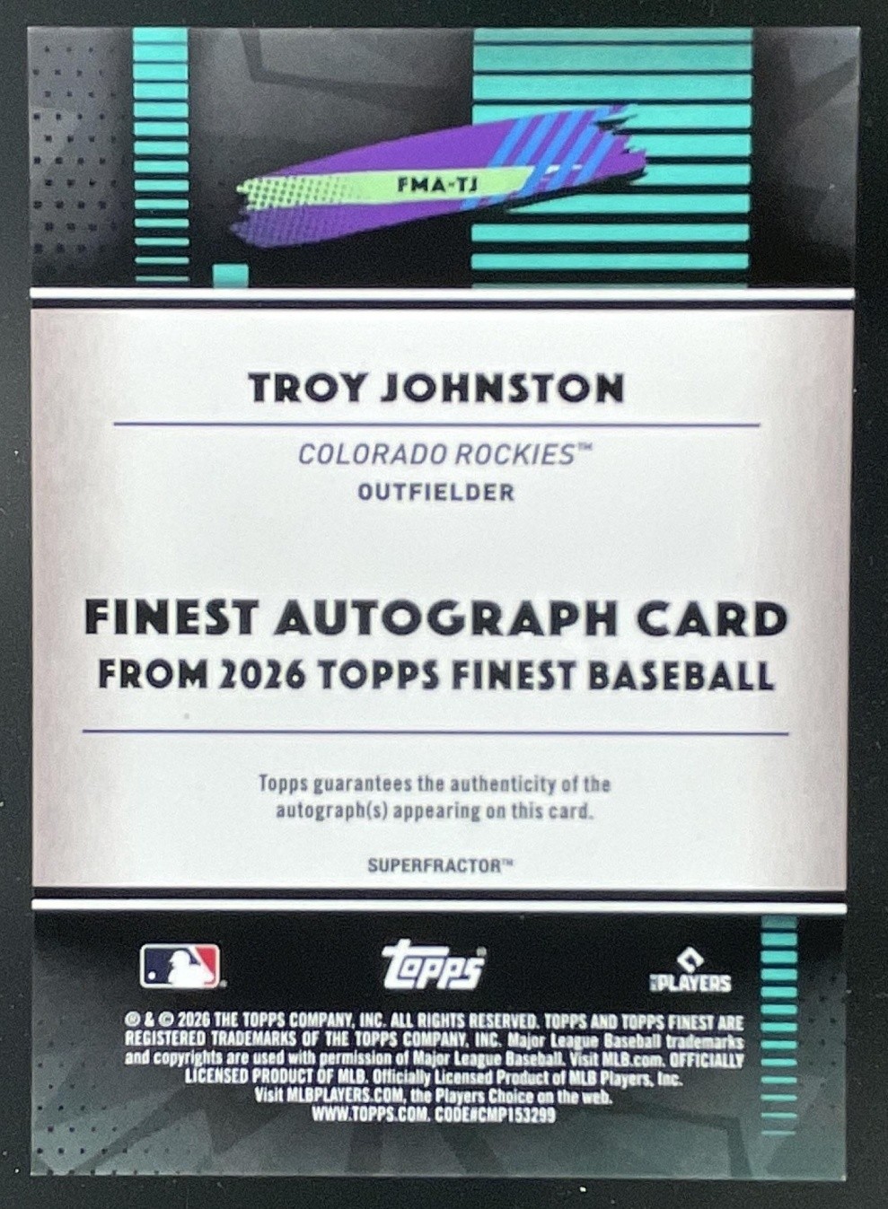 2026 Topps Finest Troy Johnston Mega Auto RC SuperFractor Rookie #1/1 Rockies view 2