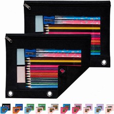 Pencil Pouch for 3 Ring Binder, 2 Pack Binder Pencil Pouch, Black