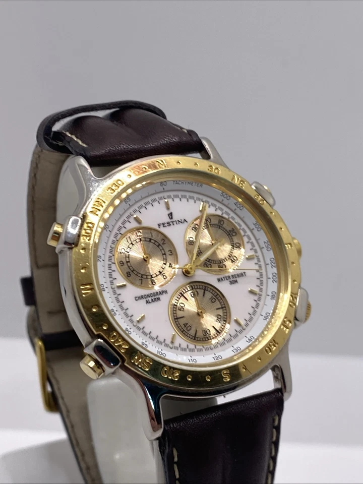 Festina Mens Chronograph Gold Silver Watch Works New Battery - Image 2 of 4