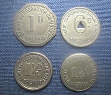 Set of 4 x Vintage Derby Corporation Omnibuses / Tramways Brass Tokens Checks