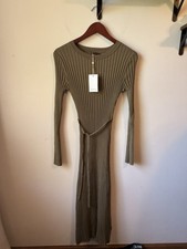Quince Green Ribbed Knit Stretch Bodycon Midi Dress Size S Long Sleeve