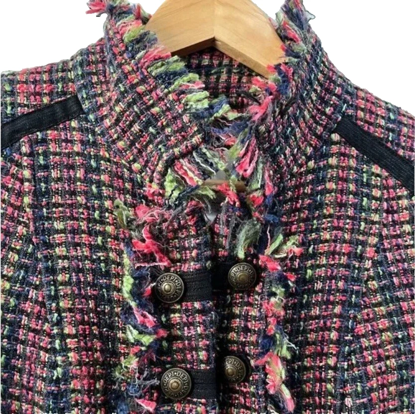 DEPT BV Womens Tweed Multicolor Boucle Blazer Jacket Military Style Navy Pink XS - Image 2 of 4