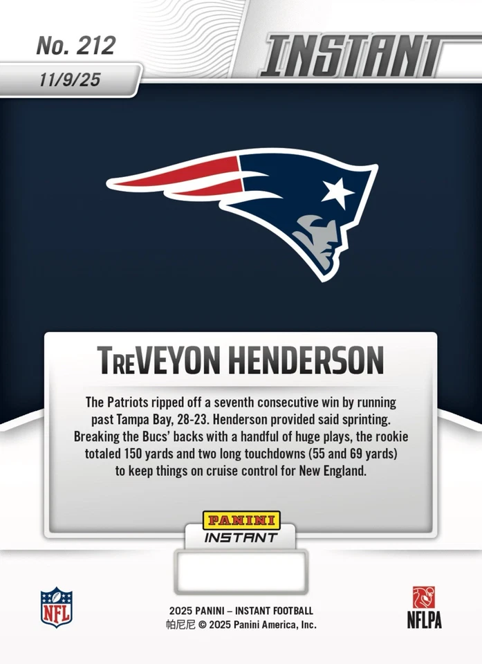 Treveyon Henderson GRADED GEM-MT 10 2025 PANINI ROOKIE CARD #212 Presale - Image 2 of 3