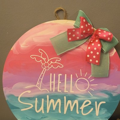 Round Wood Hanging Sign Decorative Multicolor Summer Plaque with Bow