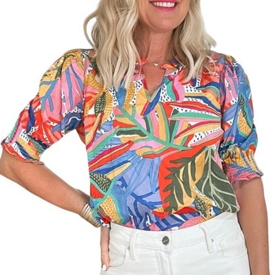 Sugarlips Tropical Palm Print Ruffle Neck Cotton Top Size XS Bright Festival
