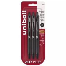 uniball 207 Plus Retractable Gel Pens, Medium Point, 0.7mm, Black Ink, 3/Pac...