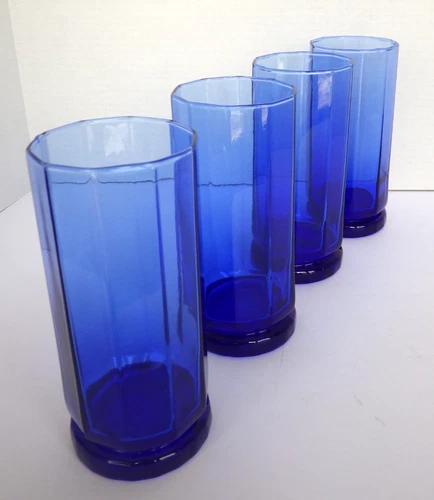 Vintage Anchor Hocking Cobalt Blue Glasses Essex Tumblers 10 Panel Set of 4