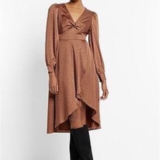 EXPRESS Brown/Black POLKA DOT LONG SLEEVE TWIST FRONT MIDI DRESS Size Small