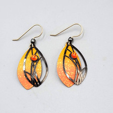 Butterfly Metal Wing Style Pierced Earrings Yellow Enamel Goldtone Dangle 1 1/8"