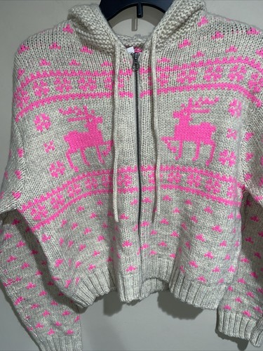 American Eagle Gray full Zip Fleece Hoodie Elks & fair isle sweater jacket Sz XS - Picture 3 of 10