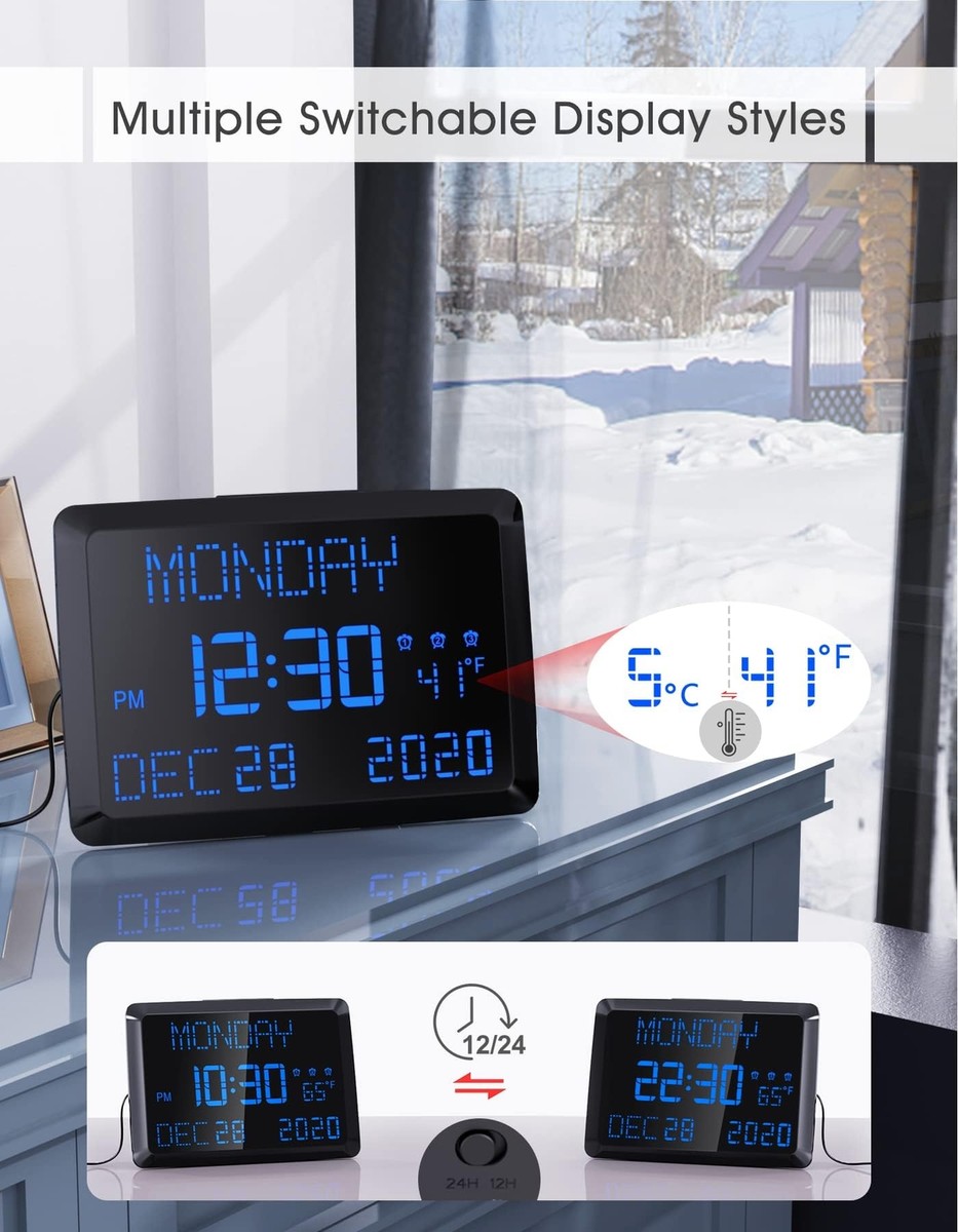 Horloge Calendrier LED Extra Large 14" – Affichage Heure Date Température Murale Ou Bureau