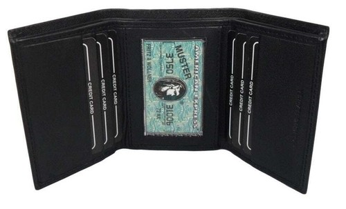 Black Genuine Leather Mens Trifold Wallet Front Pocket ID badge Holder - Foto 4 di 11