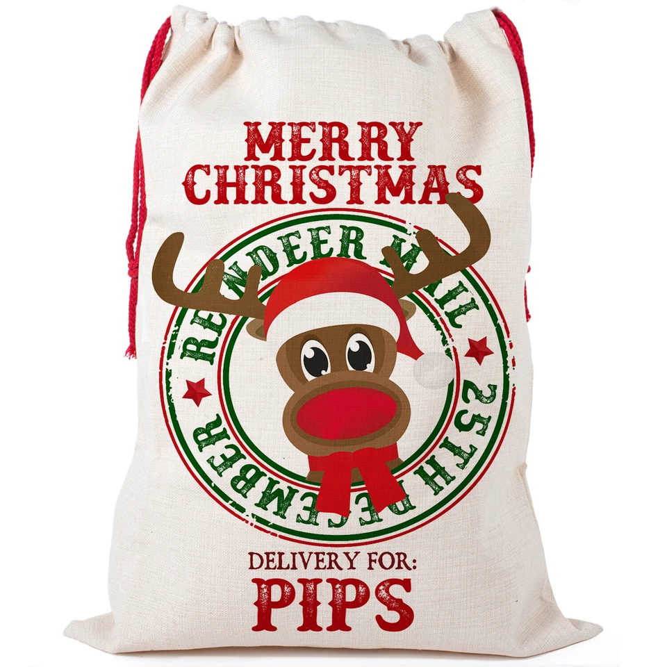 Personalised Reindeer Christmas Sack Stocking Santa Xmas Present Gift Bag NS09