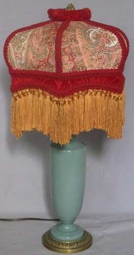 VINTAGE ELECTRIC PORCELAIN TABLE LAMP w/RECOVERED PAISLEY SHADE w/GOLD FRINGE - 第 2/11 張圖片