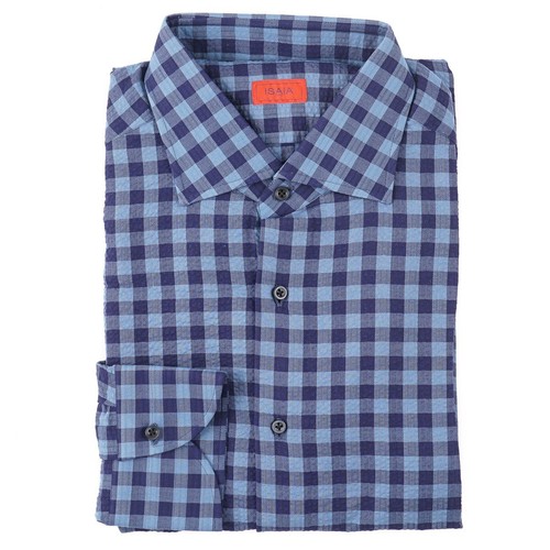 Isaia Tailored-Fit "Mix" blau und marineblau kariertes gewebtes Baumwollhemd 15 (EU 38) neu mit Etikett