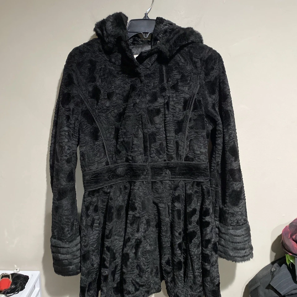 LAUNDRY By Shelli Segal Black Faux Fur Fit & Flare Hooded Coat Sz Med - Image 2 of 4