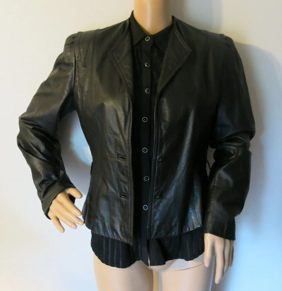 Bermans Leather Blazer Jacket Black Size 10 Women 1990s Vintage - Image 2 of 4