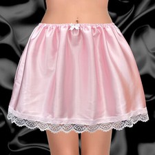 Sissy Baby Pink Silky Soft Satin Mini Slip Frilly Hem Lace Petticoat Dolly Skirt