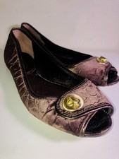 COACH NICE  BROWN VELVET LOGO PRINT GOLD BUCKLE BALLET FLATS FLATS SHOES W 8