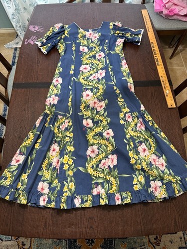 Ho Aloha Vintage Floral Dress, Blue, large, vacation, hibiscus, coastal, holiday