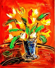 FLOWERS  RED   IMPRESSIONIST LARGE ORIGINAL OIL  PAINTING  HU8dvef0GT