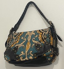 Isabella Fiore Canvas Multi Colored Black Studded Leather Hobo Bag Preowned