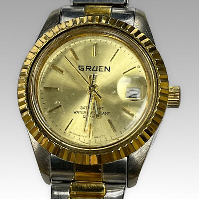 Gruen Two Tone Fluted Bezel Stretch Band Quartz Ladies Watch