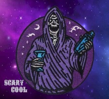 New Grim Reaper Drinks Skull Halloween Horror Embroidered Biker Iron On Patch