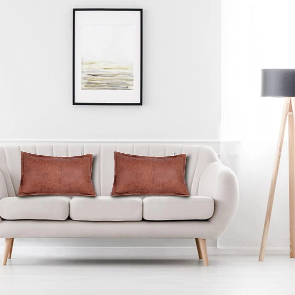 Juego de 2 fundas de almohada de cuero hechas a mano de piel de cordero Napa premium Foto 2 de 4