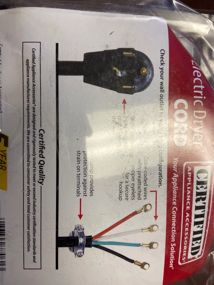 NUEVO Cable de secadora eléctrica certificado para electrodoméstico 77061 de 6 pies, 4 cables, 30 amperios, 125/250 Foto 2 de 2